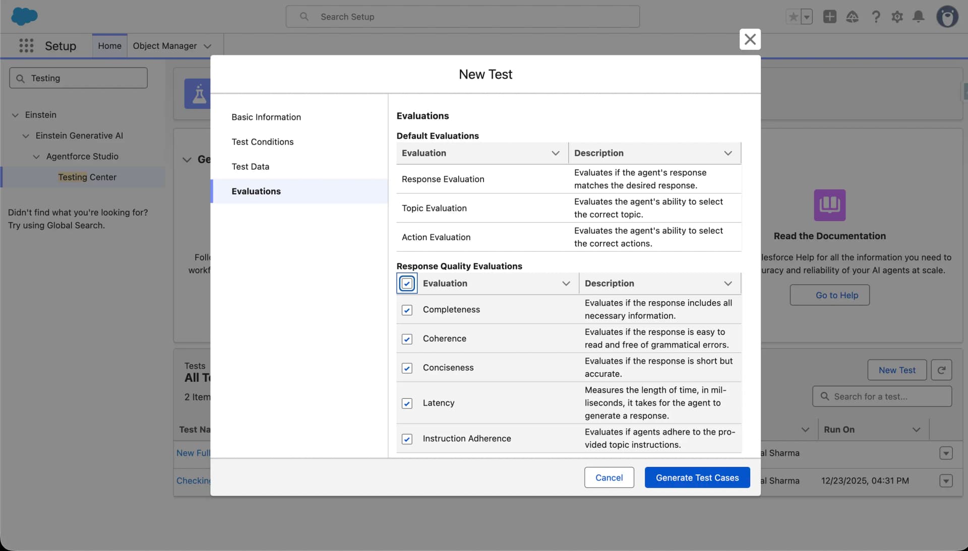 Select Test Criteria